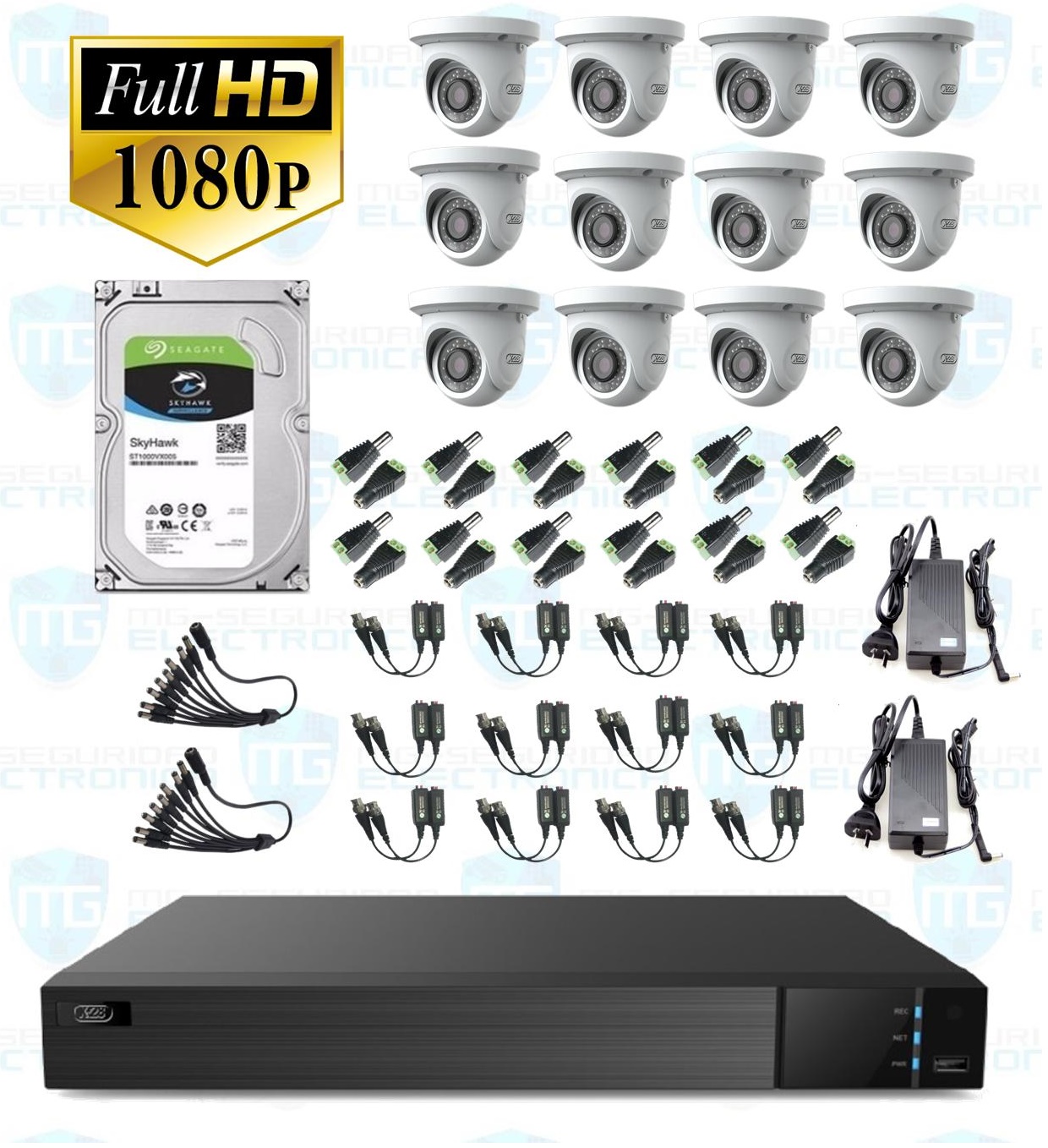 DVR, disco 4 TB, 12 cámaras minidomo, balunes, 2 fuentes y  conectores.